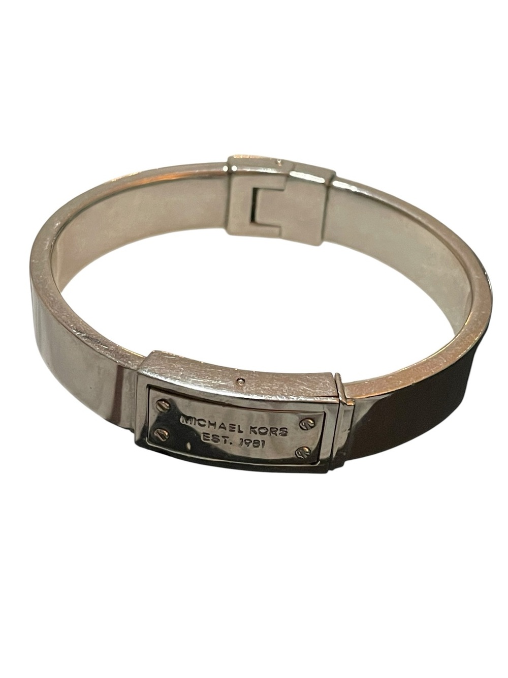 Michael Kors Silver Tone EST 1981 Logo Plaque Hinged Bangle Bracelet